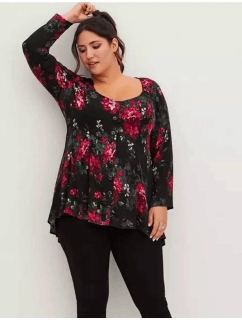 Torrid Floral Stella Fit & Flare 3/4 Sleeve Blouse Black Floral Sz 4